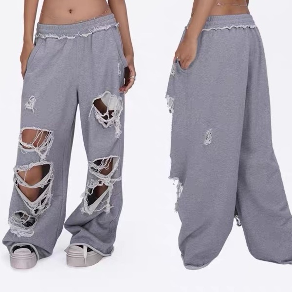 Distressed Wide-Leg Lounge Pants with Ruffled Waist - Gray